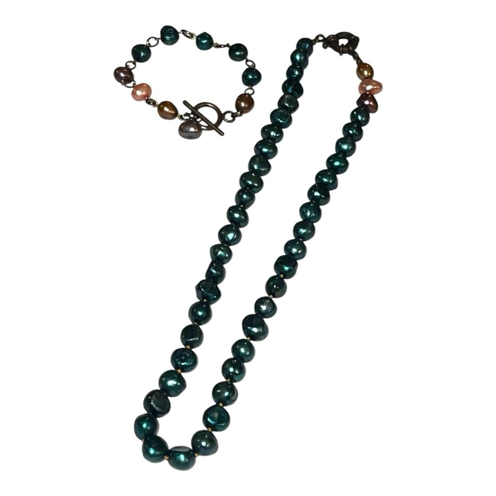 Artisan Baroque Pearl Necklace & Bracelet Set – Emerald Greens, Pink Accents